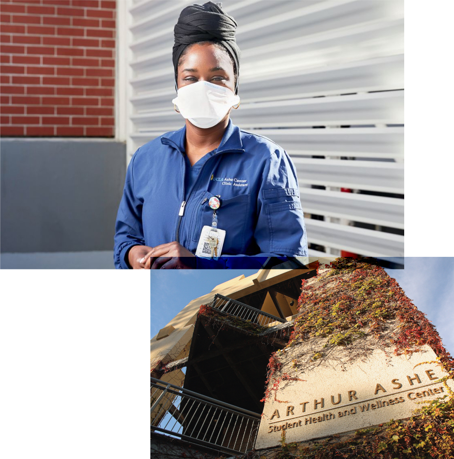 a collage of a female nurse wearing a mask and the Ashe Center.”